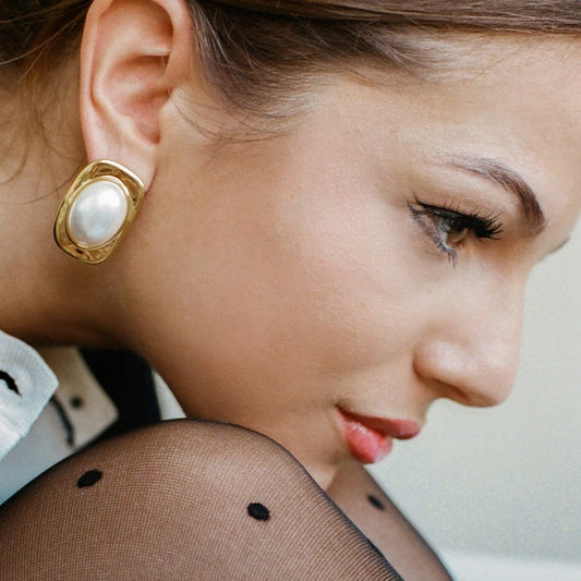 Luxurious Big Pearl Rectangle Earrings - Faux Pearl Studs