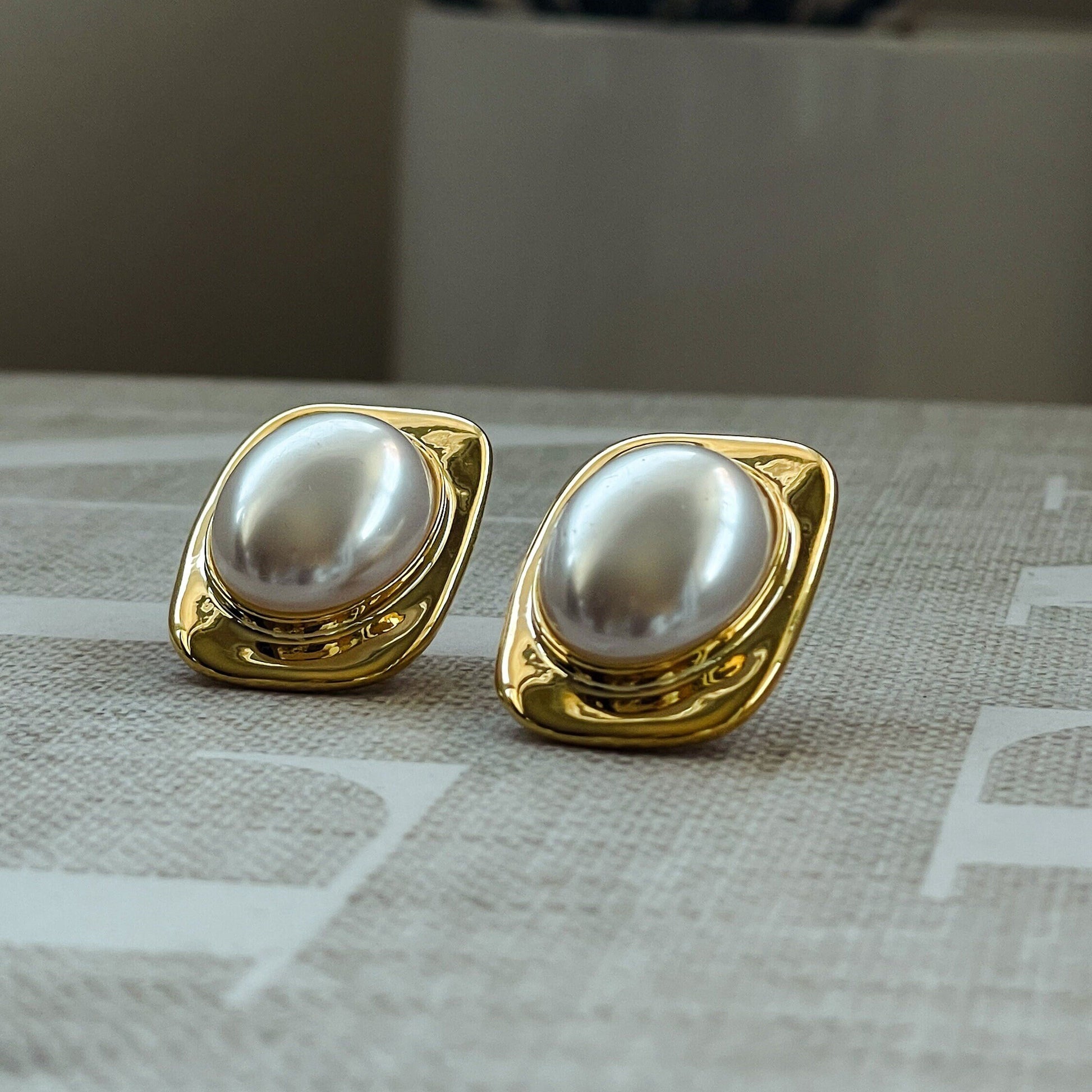 Luxurious Big Pearl Rectangle Earrings - Faux Pearl Studs