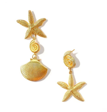 Bold Asymmetrical Shell Earrings - Starfish & Conch Design