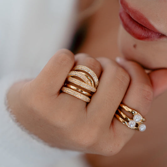 Triple Pearl Hammered Ring