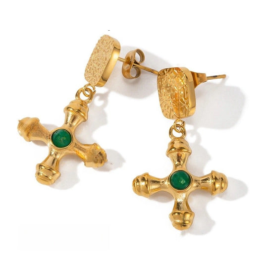 Italian Riviera Cross Earrings - 18k Gold with Gem Details