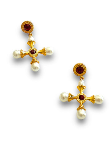 Italian Riviera Gold Cross Earrings - Pearl Accents