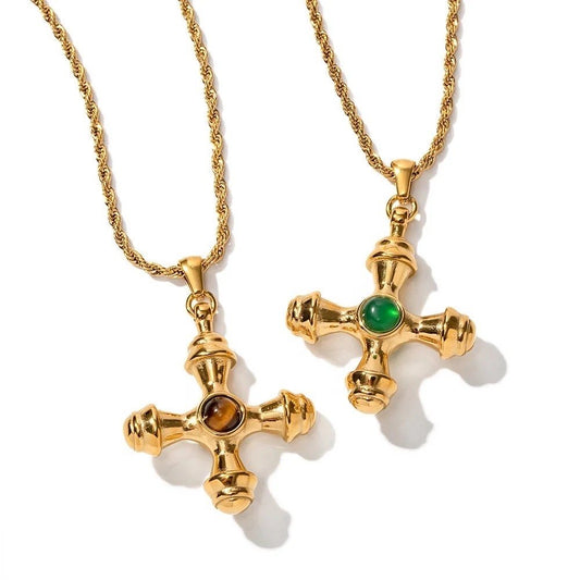 Italian Riviera Cross Necklace - 18k Gold with Gemstone