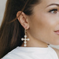 Italian Pearl Cross Earrings - Pave Hoops with Crystals
