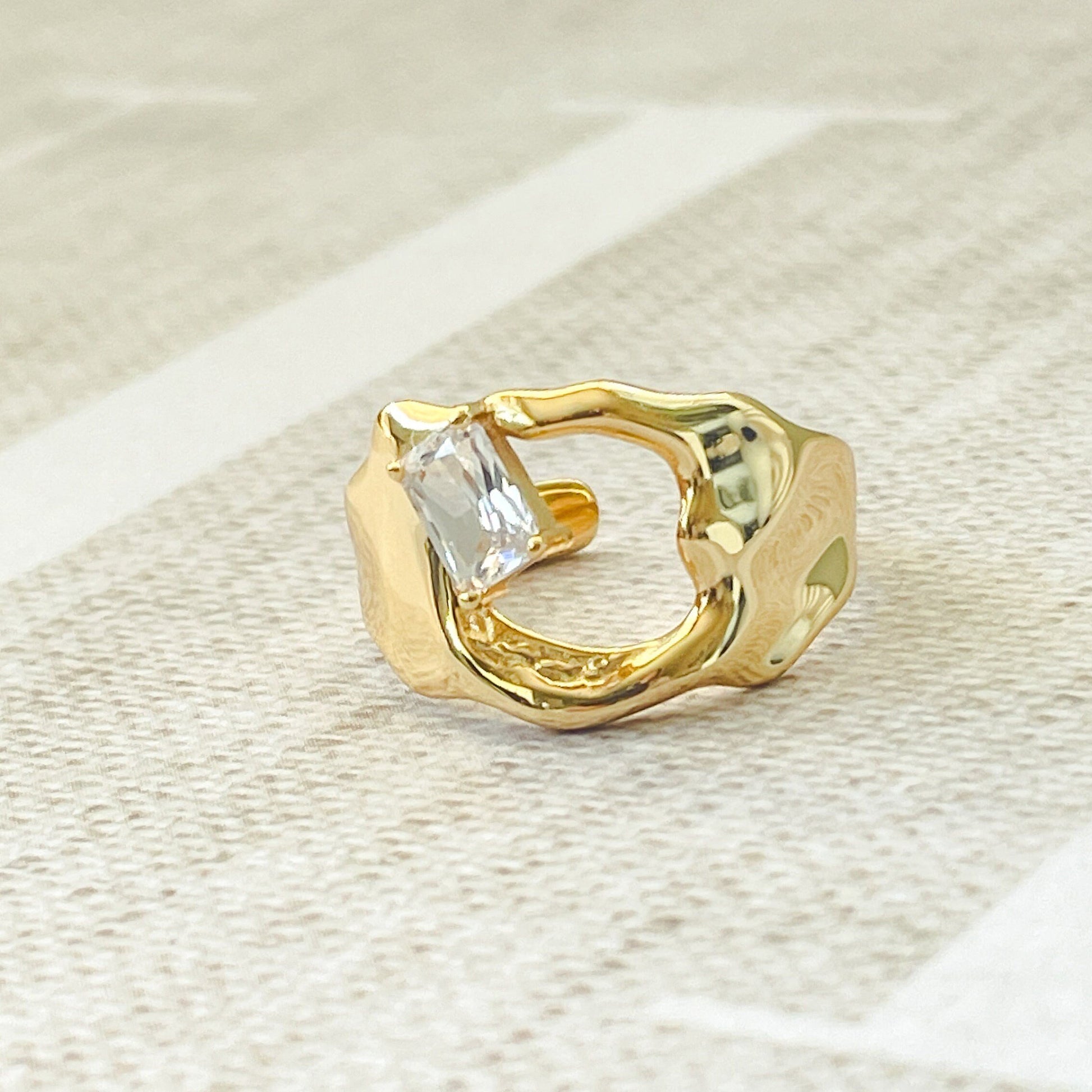 Artistic Hammered Irregular Ring - Gold Vermeil with CZ Stone